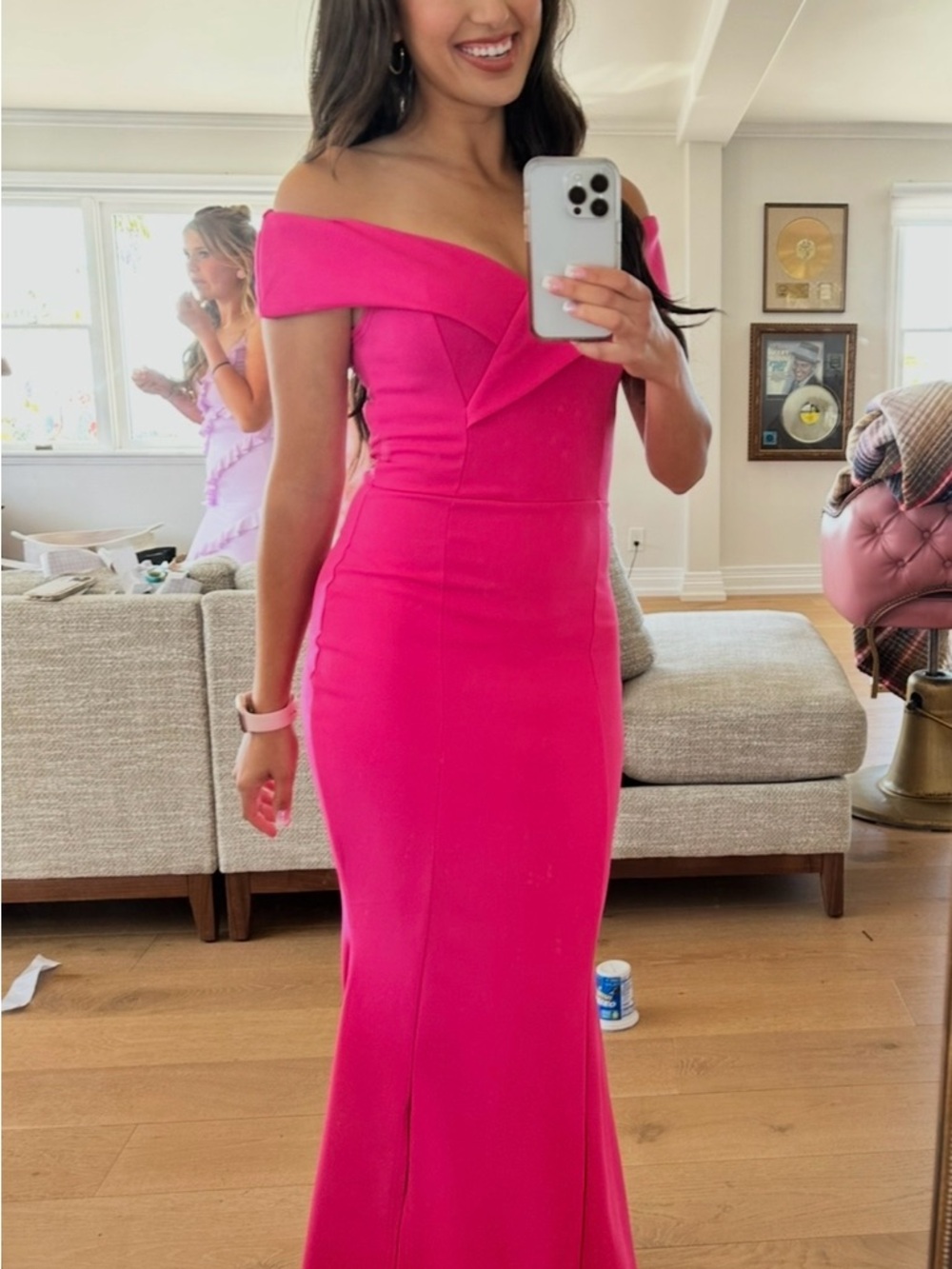 Off-Shoulder Hot Pink Evening Gown